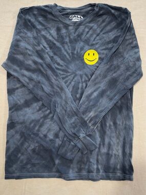 Call You Black Tie-Dye Long Sleeve Tee with Yellow Smiley